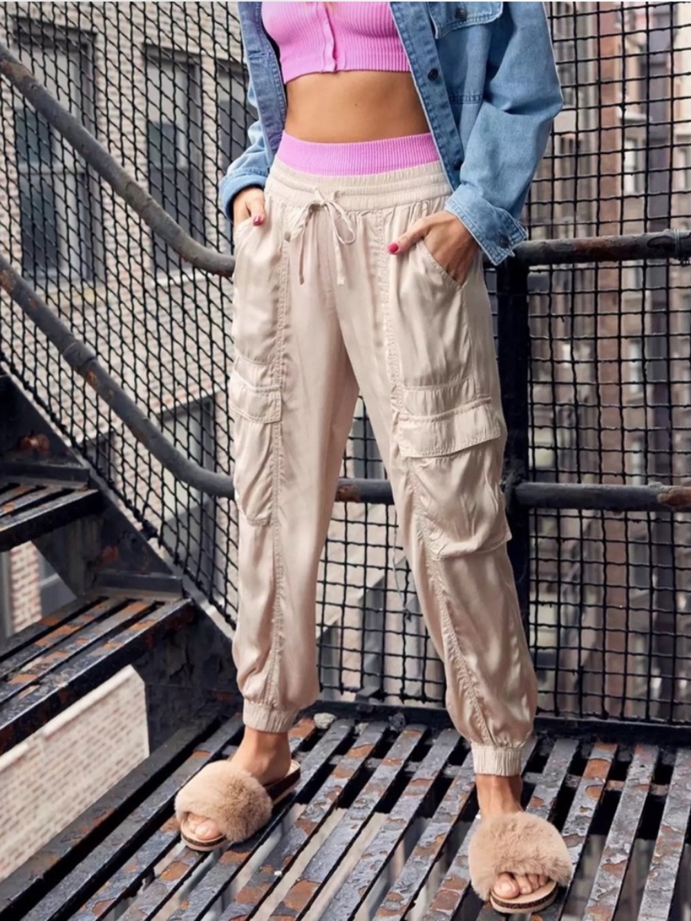 Aerie Satin Silky High Rise Cargo Jogger Pant Sz L Lightweight Loungey Viscose